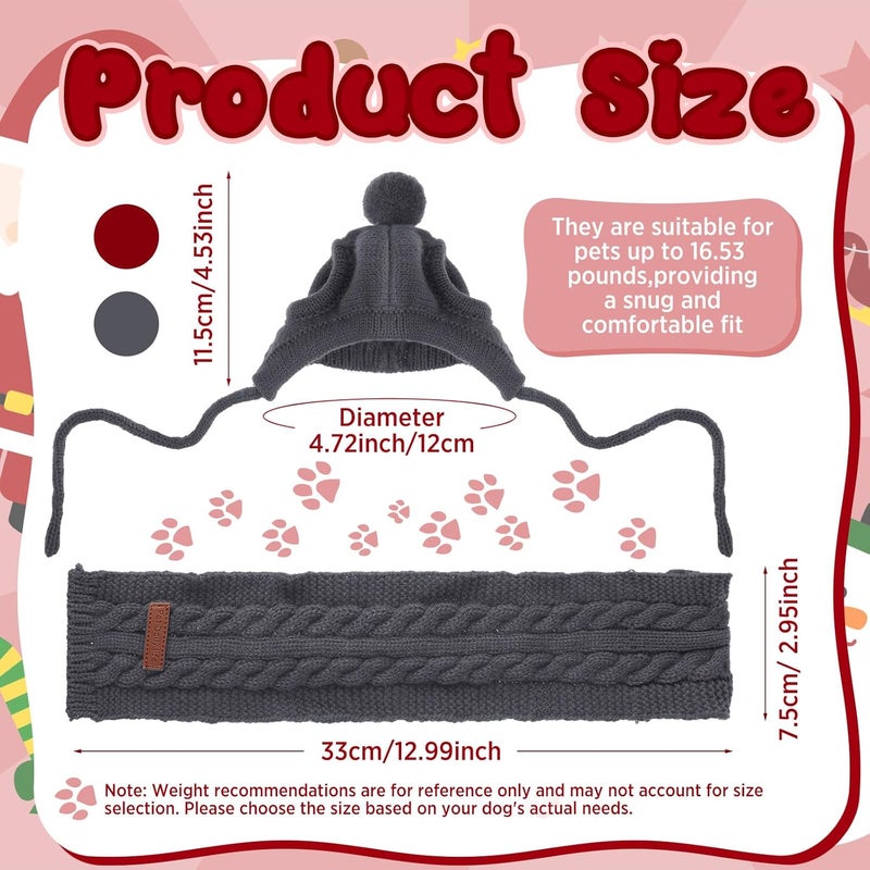 Cutecrop 4 Pcs Knitted Doggie Scarf and Hat Set Winter Dog Hat Puppy Beanie Cat Cap Winter Neck Ear Warmer for Small Dogs and Cats(Red & Gray) - Image 2